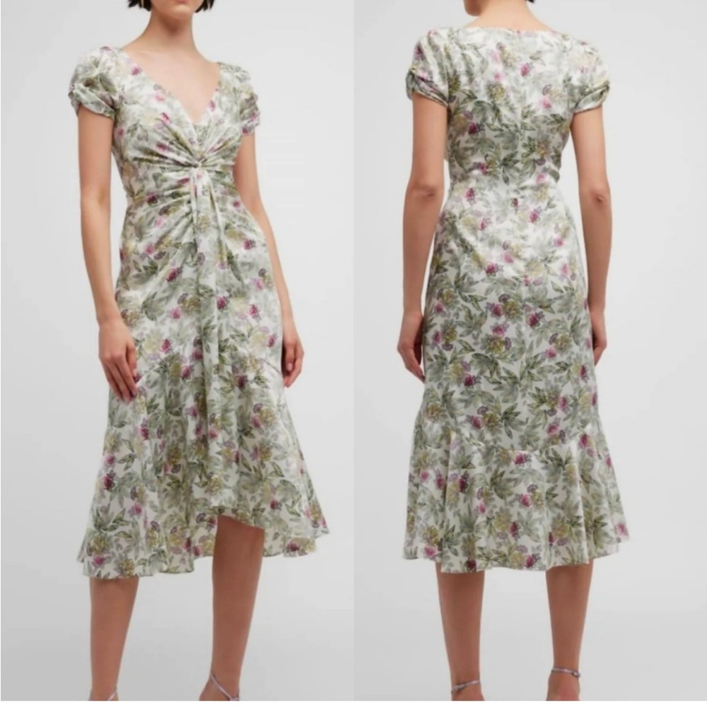 Walker cinq à sept Floral Print Midi Dress in White, Green and Pink